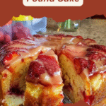 A deliciously moist strawberry pineapple pound cake topped with a glossy pineapple glaze and garnished with fresh fruit slices.