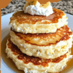 A stack of fluffy banana cottage cheese pancakes topped with banana slices, honey drizzle, and fresh berries on a rustic breakfast plate.