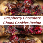 A close-up image of homemade raspberry chocolate chunk cookies with golden-brown edges, fresh raspberries, and melted dark chocolate chunks on a rustic baking sheet.
