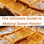 A square of sweet potato pie bar topped with whipped cream and chopped pecans on a rustic wooden table