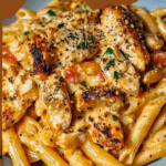 A bowl of Southern Garlic Parmesan Chicken Penne topped with parsley, featuring creamy garlic-Parmesan sauce, seared chicken, cheddar cheese, and penne pasta.